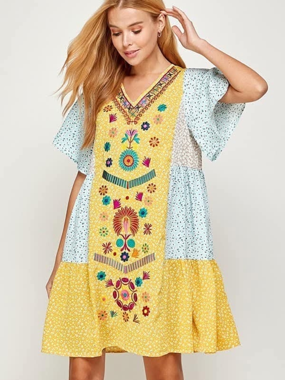 See & Be Seen Embroidered V-Neck Patchwork Sundress in Yellow and Light Blue